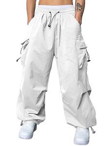 JMIERR Parachute Pants for Men Fasion Loose Fit Wide Leg Rap Pants with Drawstring High Waist Retro 80s,US 38(XL),Snow White