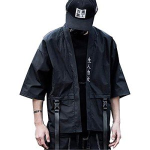 Niepce Inc Japanese Streetwear Open Front 3/4 Sleeve Samurai Kimono Cardigan for Men (Black, Large)
