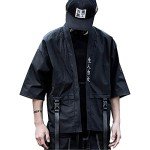 Niepce Inc Japanese Streetwear Open Front 3/4 Sleeve Samurai Kimono Cardigan for Men (Black, Large)