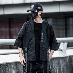 Niepce Inc Japanese Streetwear Open Front 3/4 Sleeve Samurai Kimono Cardigan for Men (Black, Large)