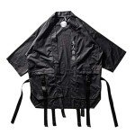 Niepce Inc Japanese Streetwear Open Front 3/4 Sleeve Samurai Kimono Cardigan for Men (Black, Large)
