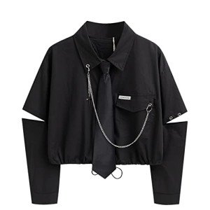 GAI Women's Alt Emo Button Down Shirt Gothic Blouse Techwear Dark Academia Preppy Clothes Aesthetic Japanese Harajuku Streetwear (M,A)