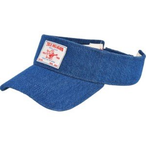 True Religion Hat, Cotton Denim Sun Visor Cap with Horseshoe Logo, Blue, One Size