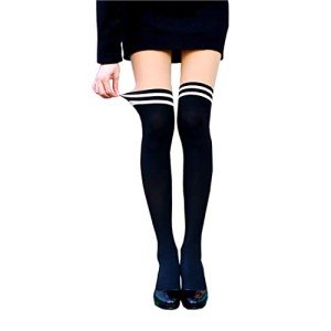 Mock Striped Thigh High Stockings Suspender Illusion Lolita Kawaii Tights with Fake Garter Belt Faux Knee High Tube Socks Sexy Sheer Pantyhose with Two Toned Patterned Japanese School Girl Cosplay