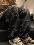 Mens Y2k Star Jeans High Waisted Hip Hop Streetwear Jeans Loose Baggy Embroidery Aesthetic Harajuku Denim Pants Black