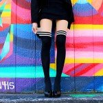 Mock Striped Thigh High Stockings Suspender Illusion Lolita Kawaii Tights with Fake Garter Belt Faux Knee High Tube Socks Sexy Sheer Pantyhose with Two Toned Patterned Japanese School Girl Cosplay