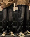 Mens Y2k Star Jeans High Waisted Hip Hop Streetwear Jeans Loose Baggy Embroidery Aesthetic Harajuku Denim Pants Black