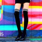 Mock Striped Thigh High Stockings Suspender Illusion Lolita Kawaii Tights with Fake Garter Belt Faux Knee High Tube Socks Sexy Sheer Pantyhose with Two Toned Patterned Japanese School Girl Cosplay