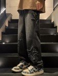 Mens Y2k Star Jeans High Waisted Hip Hop Streetwear Jeans Loose Baggy Embroidery Aesthetic Harajuku Denim Pants Black