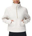 THE GYM PEOPLE Women's Half Zip Pullover Sweatshirt Fleece Stand Collar Crop Sweatshirt with Pockets Thumb Hole Off-white