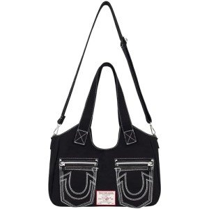 True Religion Women's Satchel Bag, Crossbody Purse Handbag with Horseshoe Logo Stitching, Black