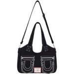 True Religion Women's Satchel Bag, Crossbody Purse Handbag with Horseshoe Logo Stitching, Black