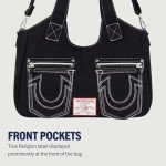 True Religion Women's Satchel Bag, Crossbody Purse Handbag with Horseshoe Logo Stitching, Black