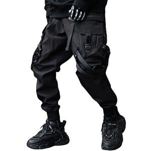 XYXIONGMAO Men's Techwear Pants Japanese Streetwear Goth Black Cargo Pants Men Jogger Fashion Tripp Pants Hip Hop Punk Multiple Pockets Functional Paratrooper Tactical Pants(Black,L)