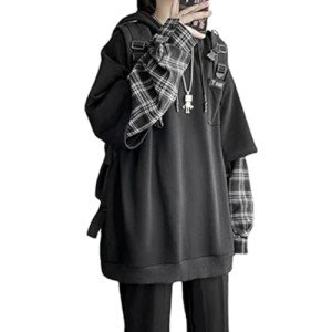 YUESUO Emo Streetwear Vintage Hoodie Women Men Oversized Punk Patchwork Pullovers Grunge Plaid Hoodie Clothes (Black,Medium,US,Adult,Male,Medium,)