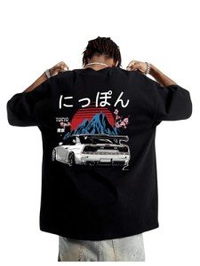 GORGLITTER Men's Letter Graphic Print T Shirts Round Neck Short Sleeve Loose Tee Tops Black Japanese Letter & Flower Large