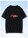 GORGLITTER Men's Letter Graphic Print T Shirts Round Neck Short Sleeve Loose Tee Tops Black Japanese Letter & Flower Large