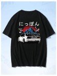 GORGLITTER Men's Letter Graphic Print T Shirts Round Neck Short Sleeve Loose Tee Tops Black Japanese Letter & Flower Large