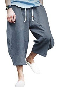 KAMUON Mens Casual Baggy Cotton Linen Pocket Lounge Harem Pants Beach Long Shorts (US L = Asian Tag 3XL : waist 36"-37", Blue Grey)