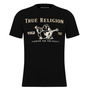 True Religion Men's Short Sleeve Metallic Buddha Tee, Black, XXL