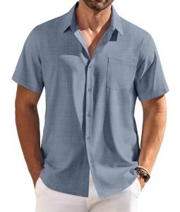 COOFANDY Mens Short Sleeve Button Down Shirt Casual Summer Beach Shirts Vacation Cruise Shirts for Men with Pocket, Grayish Blue, X-Large