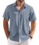 COOFANDY Mens Short Sleeve Button Down Shirt Casual Summer Beach Shirts Vacation Cruise Shirts for Men with Pocket, Grayish Blue, X-Large