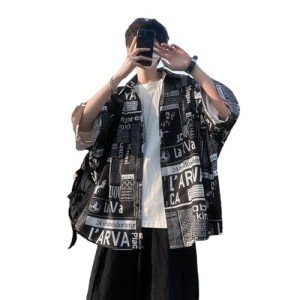 Hong Kong Style Japanese Style Versatile Printed Shirt, Men's Short Sleeved Loose Trendy Oversized top, Handsome (Black,XXL)