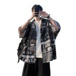 Hong Kong Style Japanese Style Versatile Printed Shirt, Men's Short Sleeved Loose Trendy Oversized top, Handsome (Black,XXL)