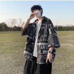 Hong Kong Style Japanese Style Versatile Printed Shirt, Men's Short Sleeved Loose Trendy Oversized top, Handsome (Black,XXL)