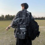 Hong Kong Style Japanese Style Versatile Printed Shirt, Men's Short Sleeved Loose Trendy Oversized top, Handsome (Black,XXL)