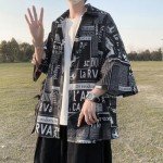 Hong Kong Style Japanese Style Versatile Printed Shirt, Men's Short Sleeved Loose Trendy Oversized top, Handsome (Black,XXL)