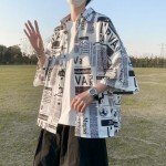 Hong Kong Style Japanese Style Versatile Printed Shirt, Men's Short Sleeved Loose Trendy Oversized top, Handsome (Black,XXL)