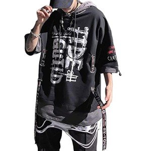XYXIONGMAO Techwear Shirt Japanese Streetwear Hip Hop Shirts for Men Graphic T Alphabet Design Workwear Casual Short-Sleeved Men's Loose Couple T-Shirt Gothic Hoodie（Black-2XL）