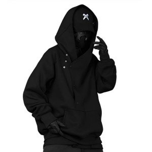 Alalaso Ninja Hoodie Men Double Neckline Cotton Pullover Windproof Warm Japanese Streetwear Hoodies Sweatshirts for Men