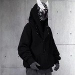 Alalaso Ninja Hoodie Men Double Neckline Cotton Pullover Windproof Warm Japanese Streetwear Hoodies Sweatshirts for Men