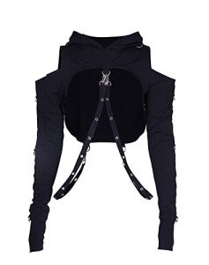 AULKEEP Gothic Punk Long Sleeve Cold Shoulder Hooded Crop Tops Buckle Strap Hoodie Sweatshirt