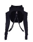 AULKEEP Gothic Punk Long Sleeve Cold Shoulder Hooded Crop Tops Buckle Strap Hoodie Sweatshirt