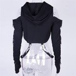 AULKEEP Gothic Punk Long Sleeve Cold Shoulder Hooded Crop Tops Buckle Strap Hoodie Sweatshirt
