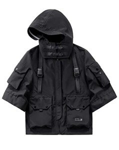 Niepce Inc Japanese Streetwear Techwear Men’s 3/4 Sleeve Jacket with Hood (Black1, Medium)