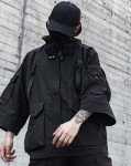 Niepce Inc Japanese Streetwear Techwear Men’s 3/4 Sleeve Jacket with Hood (Black1, Medium)