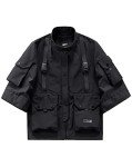 Niepce Inc Japanese Streetwear Techwear Men’s 3/4 Sleeve Jacket with Hood (Black1, Medium)