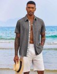 COOFANDY Men's Beach Shirt Short Sleeve Untucked Button Up Shirt Wedding Attire Dark Grey