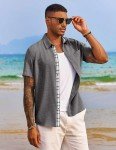 COOFANDY Men's Beach Shirt Short Sleeve Untucked Button Up Shirt Wedding Attire Dark Grey