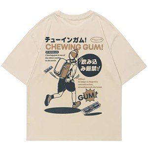 Rapidstreet Men Harajuku Streetwear T-Shirt Funny Cartoon Japanese Kanji Printed Aesthetic Graphic Tee Shirt (Small, 02#Khaki)