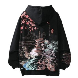 SHINsuke Men Women Y2K Hoodie Japanese Harajuku Hooded Sweatshirt Sakura Temple Korean Long Sleeve Thicken Fleece Loose Tops Pullover (Black,XL,X-Large)