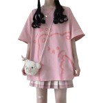 Tyadorw Women's Kawaii Aesthetic Shirt - Harajuku Japanese Streetwear Bear Graphic Tee Oversized T-Shirt (Pink, Small)