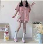 Tyadorw Women's Kawaii Aesthetic Shirt - Harajuku Japanese Streetwear Bear Graphic Tee Oversized T-Shirt (Pink, Small)