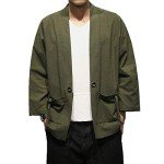 PRIJOUHE Men's Japanese Style Kimono Cardigan Jacket Cotton Blends Linen Seven Sleeves Solid Color Open Front Coat
