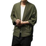PRIJOUHE Men's Japanese Style Kimono Cardigan Jacket Cotton Blends Linen Seven Sleeves Solid Color Open Front Coat