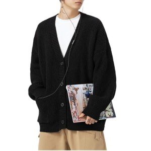POHADON Mens Cardigan Sweater Button Down Long Sleeve V Neck Cable Knit Sweaters Japanese Streetwear Grunge Clothes (Black,M)